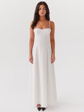 PepperMayo Angelina Linen White Spaghetti-Strap Maxi Dress